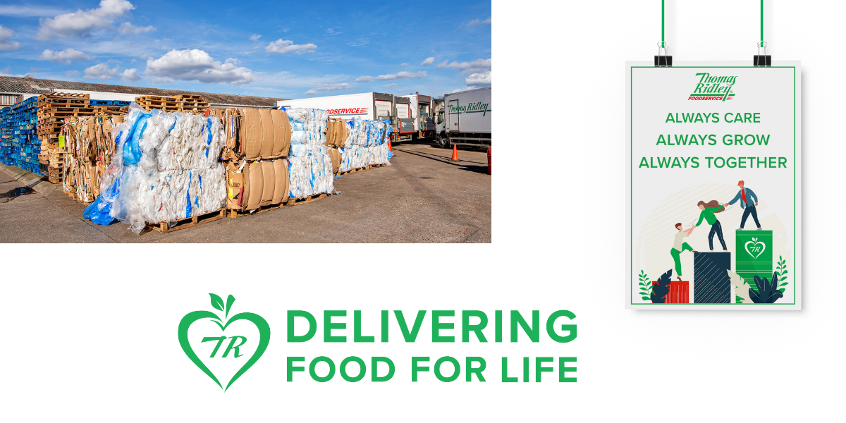 Cardboard and plastic bales stacked on pallets at Thomas Ridley's HQ, the company's mission values and strapline Cardboard and plastic bales stacked on pallets at Thomas Ridley's HQ, the company's mission values and strapline