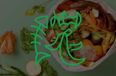 Bag of food waste and some on the table with a green icon of food waste as an overlay