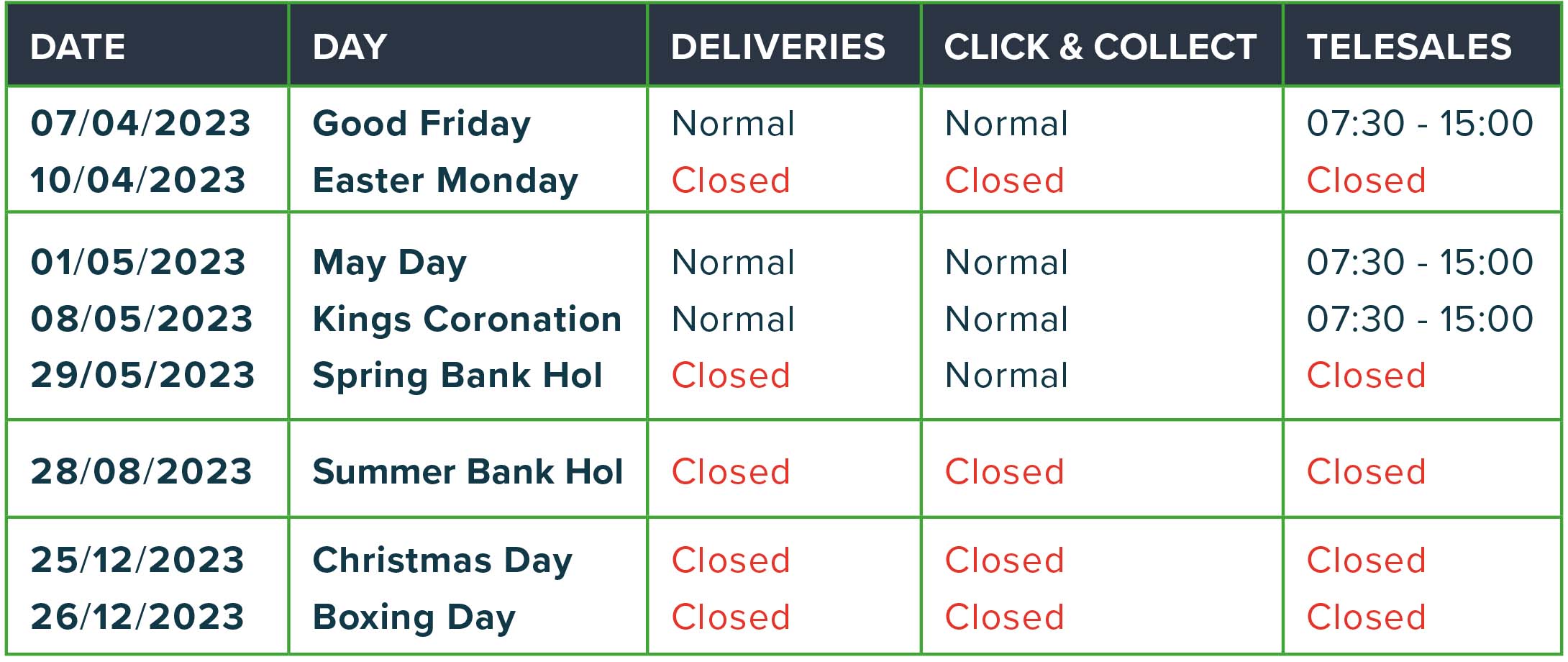 Bank Holiday Opening Hours for 2023